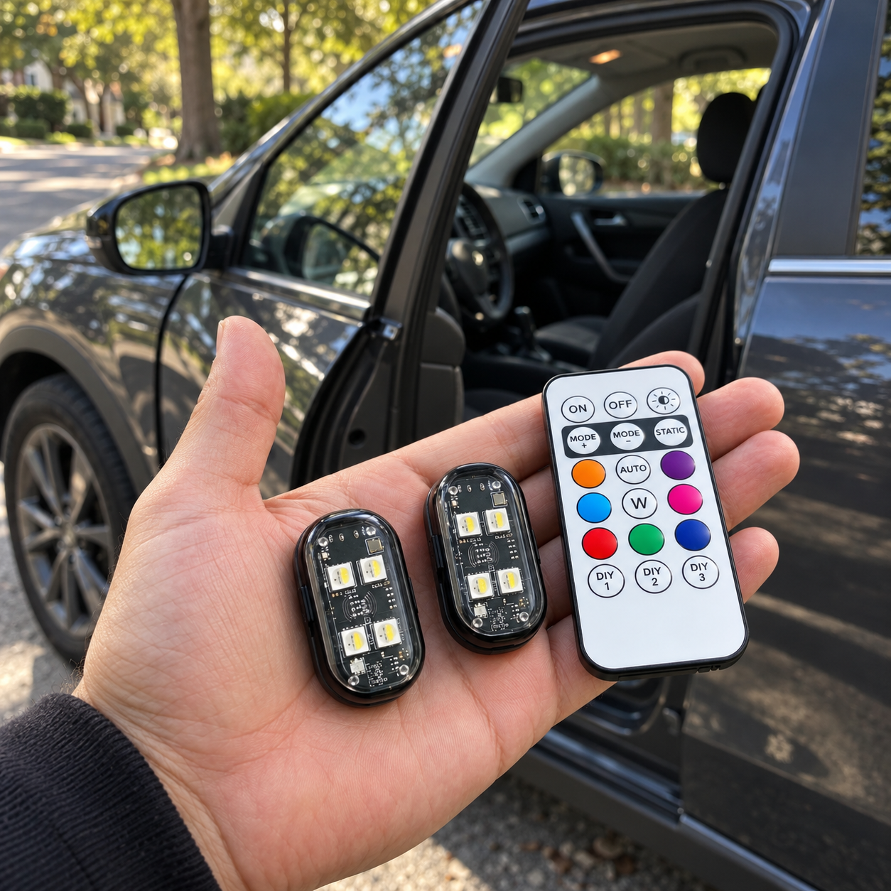 DriveGlow modules and remote held beside an open car door